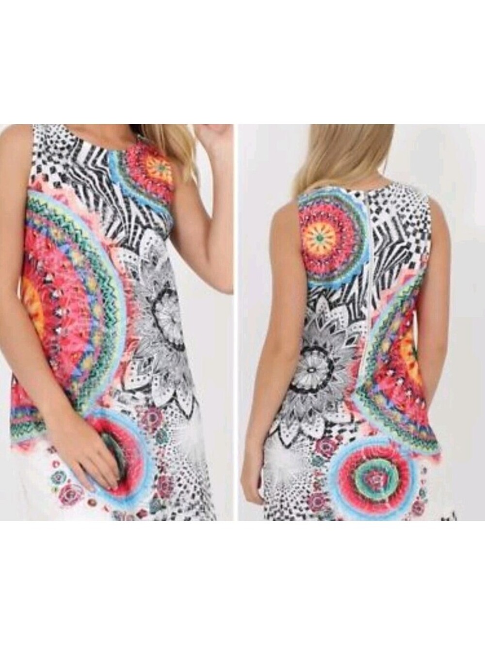 Papillon Mandala Print Lace Shift Dress Sleeveless Colorful Boho Geometric Med